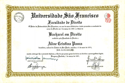 diploma bacharel em direito Aline Cristina Panza Mainieri